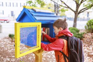 Boy looking in book lending library