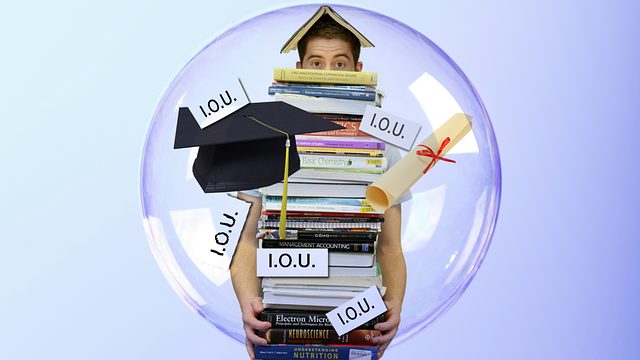 Male student in a bubble with books and I.O.U.s.